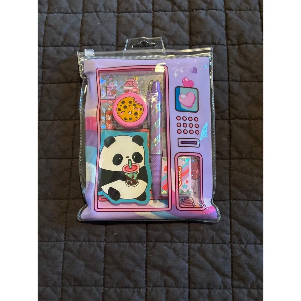 CBI Kawaii Vending Machine Stationery Set Panda Boba Notebook Pen Eraser Purple
